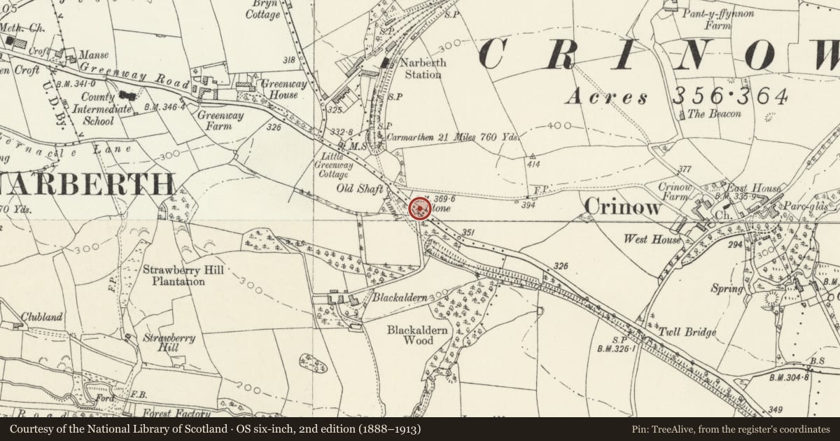 Ordnance Survey six-inch map, 2nd edition (1888–1913) covering the location of Parish Boundary Stone, Narberth, Pembrokeshire, with a pin at the register's coordinates