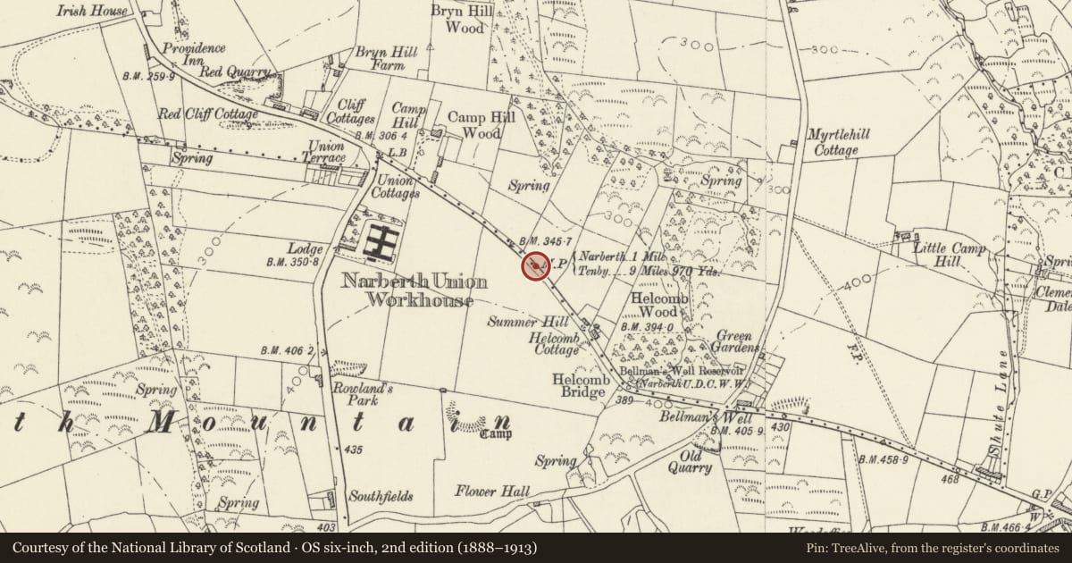 Ordnance Survey six-inch map, 2nd edition (1888–1913) covering the location of Milestone on Lane leading off A478 to Cold Blow, Narberth, Pembrokeshire, with a pin at the register's coordinates