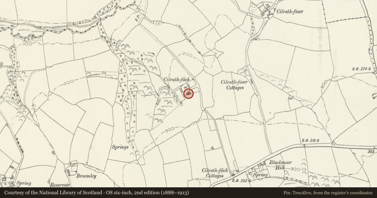 Ordnance Survey six-inch map, 2nd edition (1888–1913) covering the location of Cilfrath Fach, Narberth, Pembrokeshire, with a pin at the register's coordinates