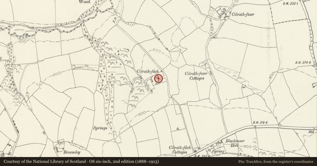 Ordnance Survey six-inch map, 2nd edition (1888–1913) covering the location of Barn at Cilrath Fach, Narberth, Pembrokeshire, with a pin at the register's coordinates