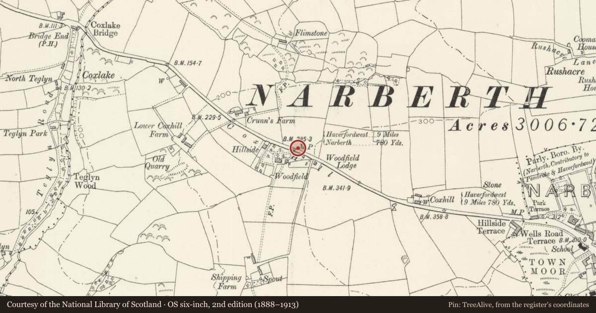 Ordnance Survey six-inch map, 2nd edition (1888–1913) covering the location of Milestone, Narberth, Pembrokeshire, with a pin at the register's coordinates