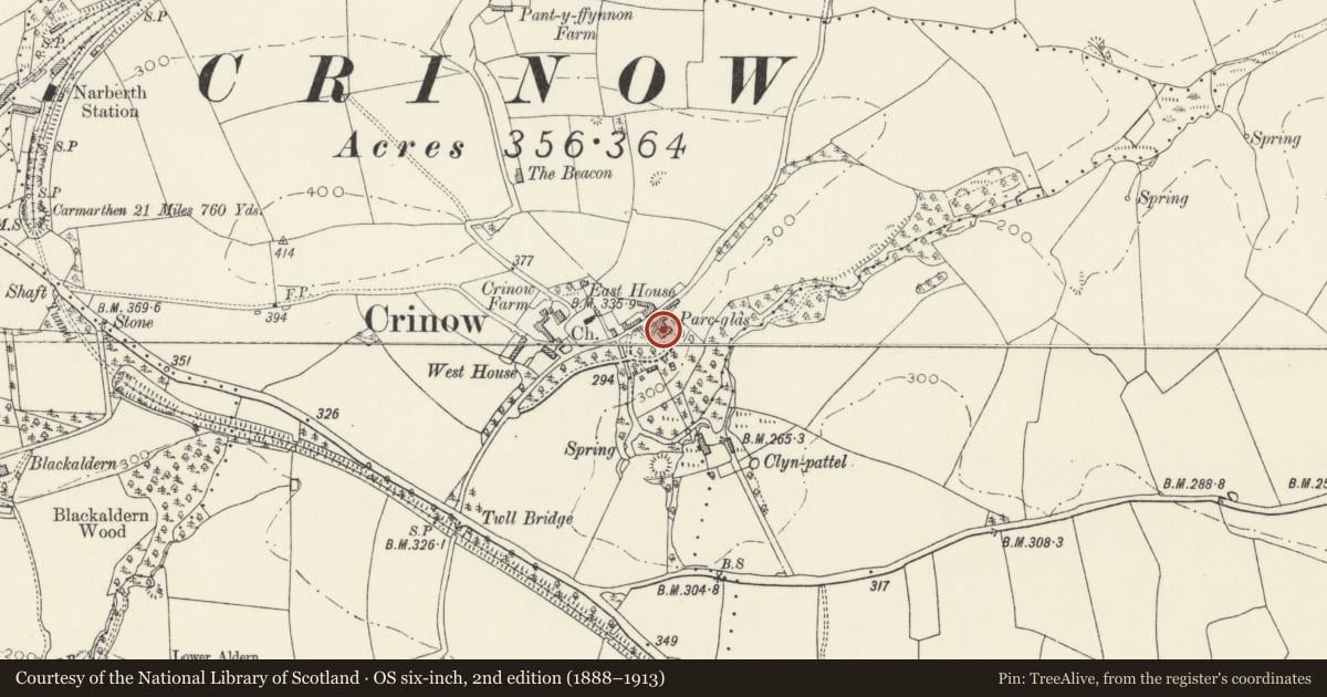 Ordnance Survey six-inch map, 2nd edition (1888–1913) covering the location of Parc Glas, Narberth, Pembrokeshire, with a pin at the register's coordinates