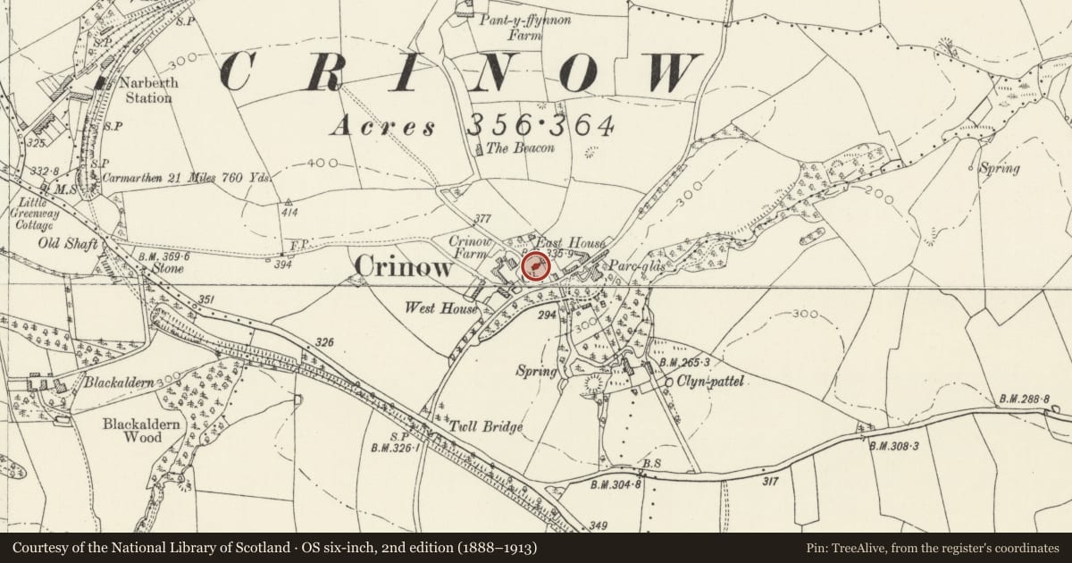 Ordnance Survey six-inch map, 2nd edition (1888–1913) covering the location of Parish Church of St Teilo, Narberth, Pembrokeshire, with a pin at the register's coordinates