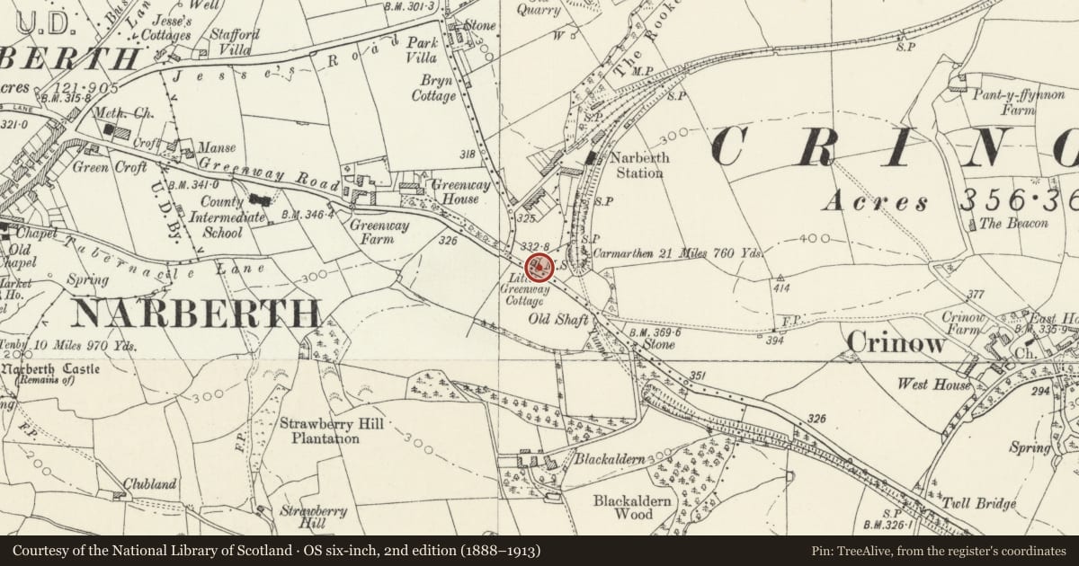 Ordnance Survey six-inch map, 2nd edition (1888–1913) covering the location of Milestone, Narberth, Pembrokeshire, with a pin at the register's coordinates