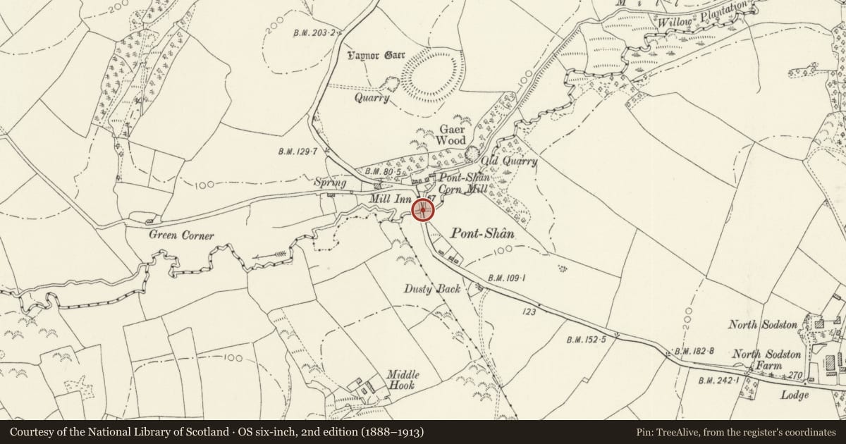 Ordnance Survey six-inch map, 2nd edition (1888–1913) covering the location of Pont Shan, Narberth, Pembrokeshire, with a pin at the register's coordinates