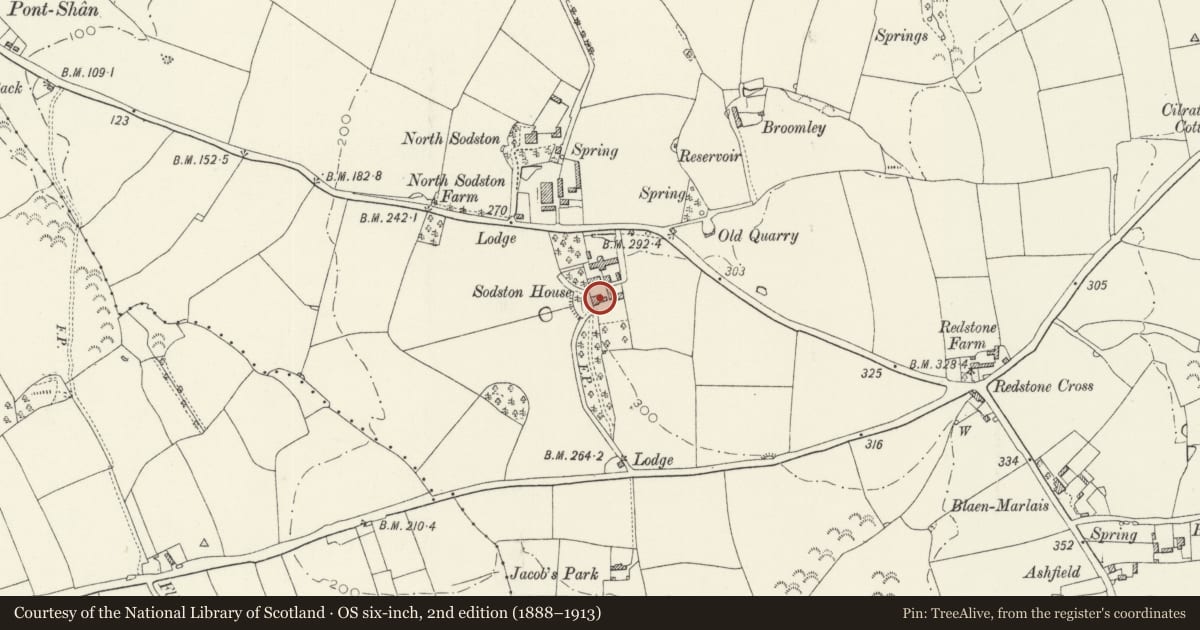 Ordnance Survey six-inch map, 2nd edition (1888–1913) covering the location of Sodstone House, Narberth, Pembrokeshire, with a pin at the register's coordinates