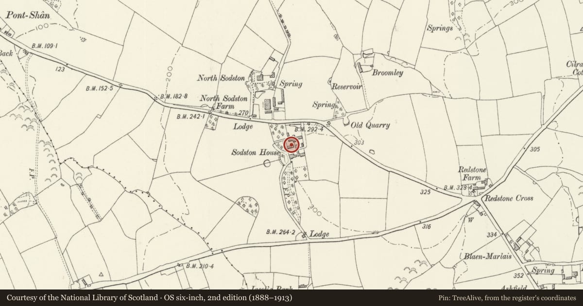 Ordnance Survey six-inch map, 2nd edition (1888–1913) covering the location of Coach House & Stables at Sodstone House, Narberth, Pembrokeshire, with a pin at the register's coordinates