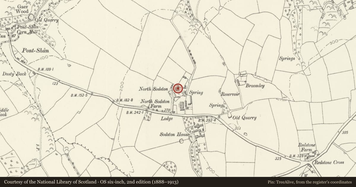 Ordnance Survey six-inch map, 2nd edition (1888–1913) covering the location of Sodstone Manor, Narberth, Pembrokeshire, with a pin at the register's coordinates