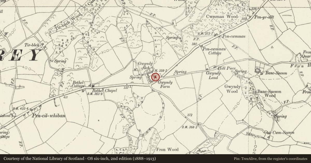 Ordnance Survey six-inch map, 2nd edition (1888–1913) covering the location of Gwindy Farmhouse with walls and railings to garden, Llanddewi Velfrey, Pembrokeshire, with a pin at the register's coordinates