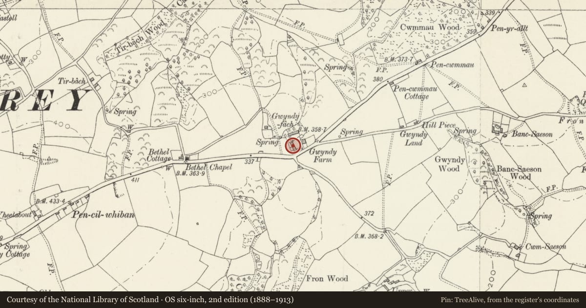 Ordnance Survey six-inch map, 2nd edition (1888–1913) covering the location of Old Stable Block at Gwindy, Llanddewi Velfrey, Pembrokeshire, with a pin at the register's coordinates