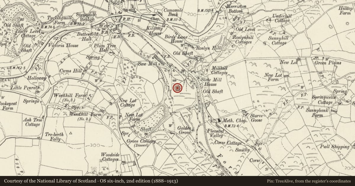 Ordnance Survey six-inch map, 2nd edition (1888–1913) covering the location of Casting House, Kilgetty/Begelly, Pembrokeshire, with a pin at the register's coordinates