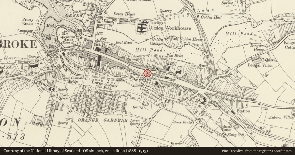 Ordnance Survey six-inch map, 2nd edition (1888–1913) covering the location of Telephone Call-box outside garden wall of Hamilton House (01646 682198), Pembroke, Pembrokeshire, with a pin at the register's coordinates