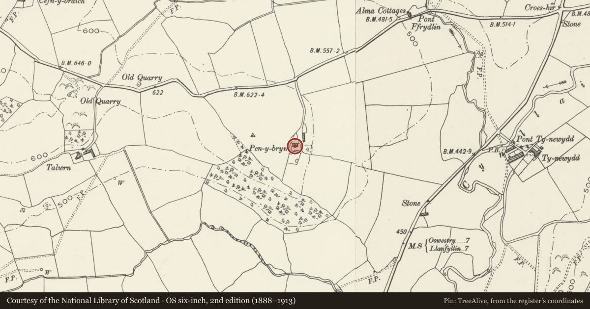 Ordnance Survey six-inch map, 2nd edition (1888–1913) covering the location of Pen-y-bryn, Llansilin, Powys, with a pin at the register's coordinates