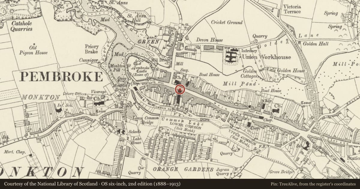 Ordnance Survey six-inch map, 2nd edition (1888–1913) covering the location of Telephone Call-box outside Town Hall, Pembroke, Pembrokeshire, with a pin at the register's coordinates