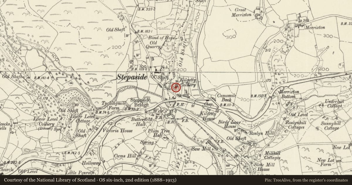 Ordnance Survey six-inch map, 2nd edition (1888–1913) covering the location of Kilgetty Colliery Engine House, Amroth, Pembrokeshire, with a pin at the register's coordinates