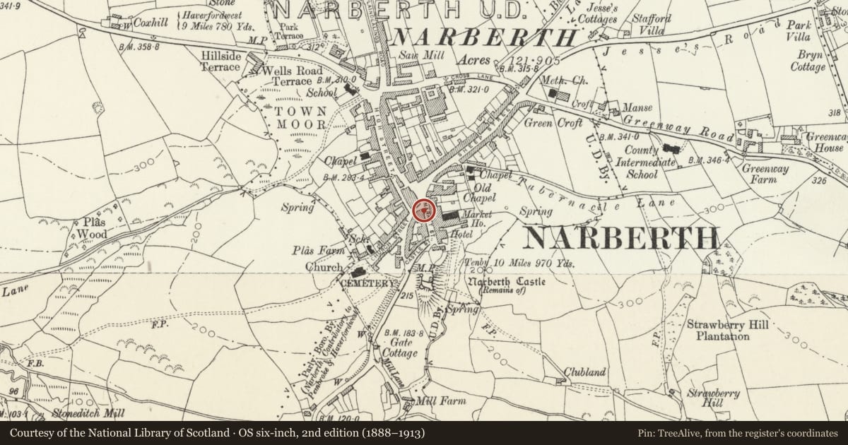 Ordnance Survey six-inch map, 2nd edition (1888–1913) covering the location of The Former Courthouse, Narberth, Pembrokeshire, with a pin at the register's coordinates