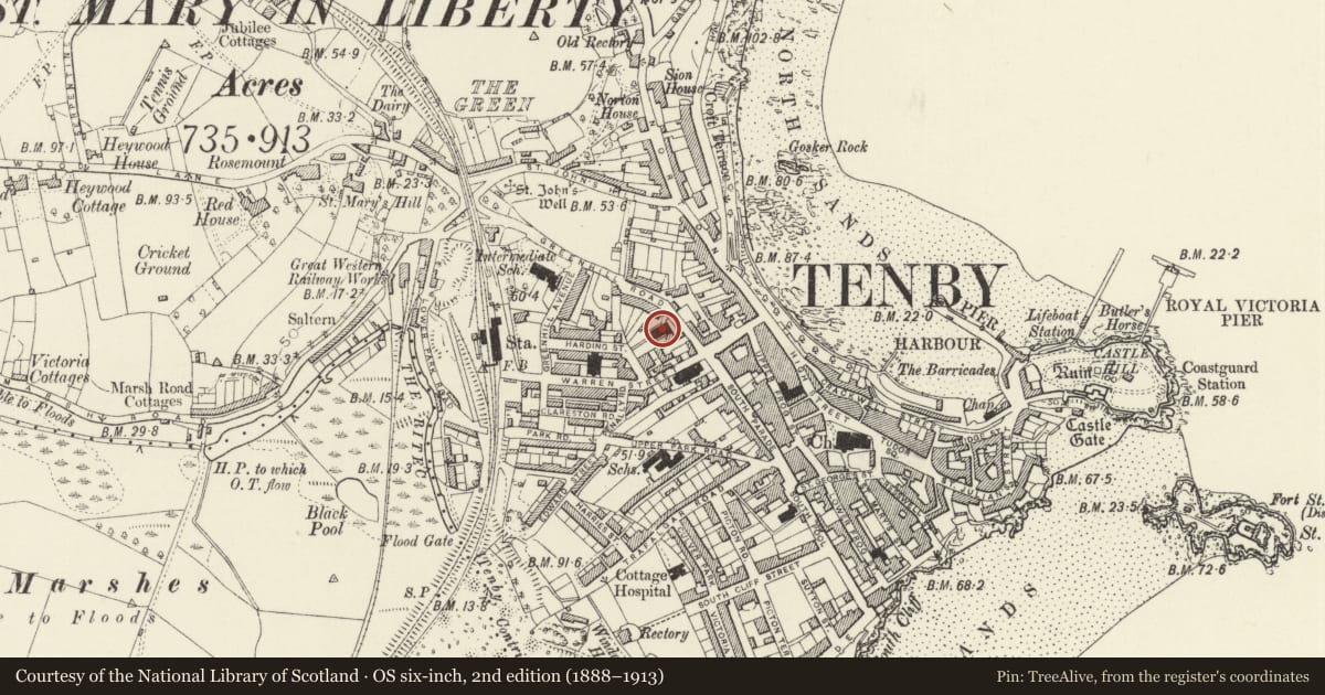 Ordnance Survey six-inch map, 2nd edition (1888–1913) covering the location of Deer Park Baptist Church, Tenby, Pembrokeshire, with a pin at the register's coordinates