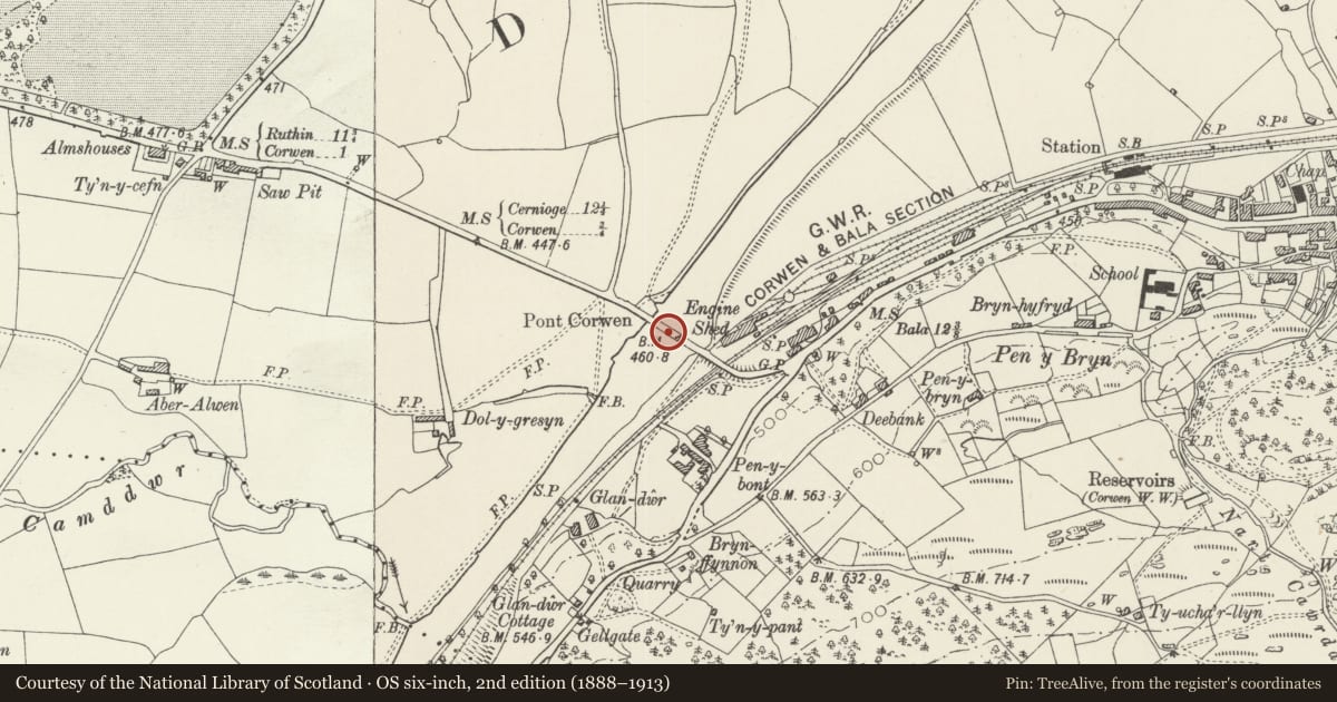Ordnance Survey six-inch map, 2nd edition (1888–1913) covering the location of Pont Corwen Bridge, Denbighshire, with a pin at the register's coordinates