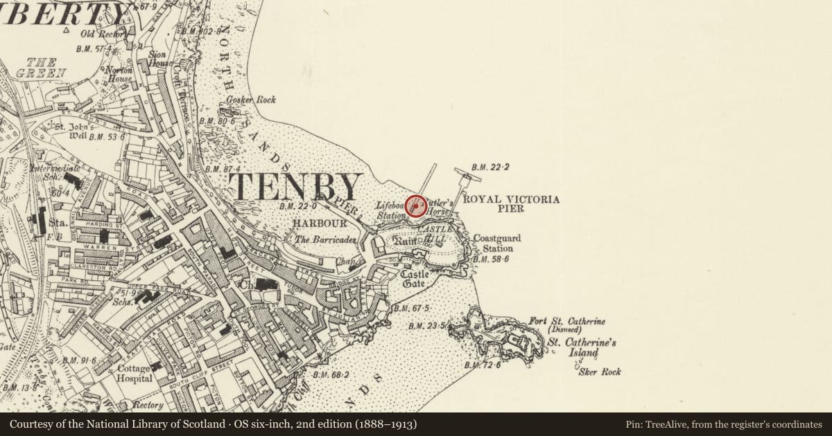 Ordnance Survey six-inch map, 2nd edition (1888–1913) covering the location of The Lifeboat Station, Tenby, Pembrokeshire, with a pin at the register's coordinates