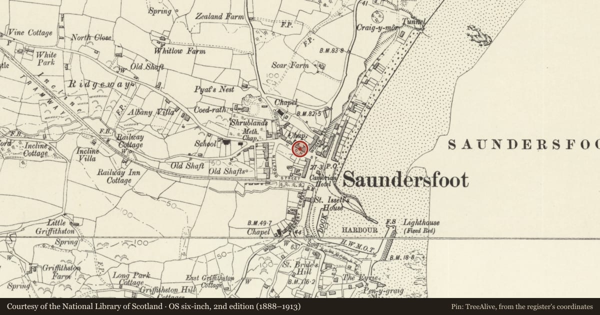 Ordnance Survey six-inch map, 2nd edition (1888–1913) covering the location of Rose Cottage, Saundersfoot, Pembrokeshire, with a pin at the register's coordinates