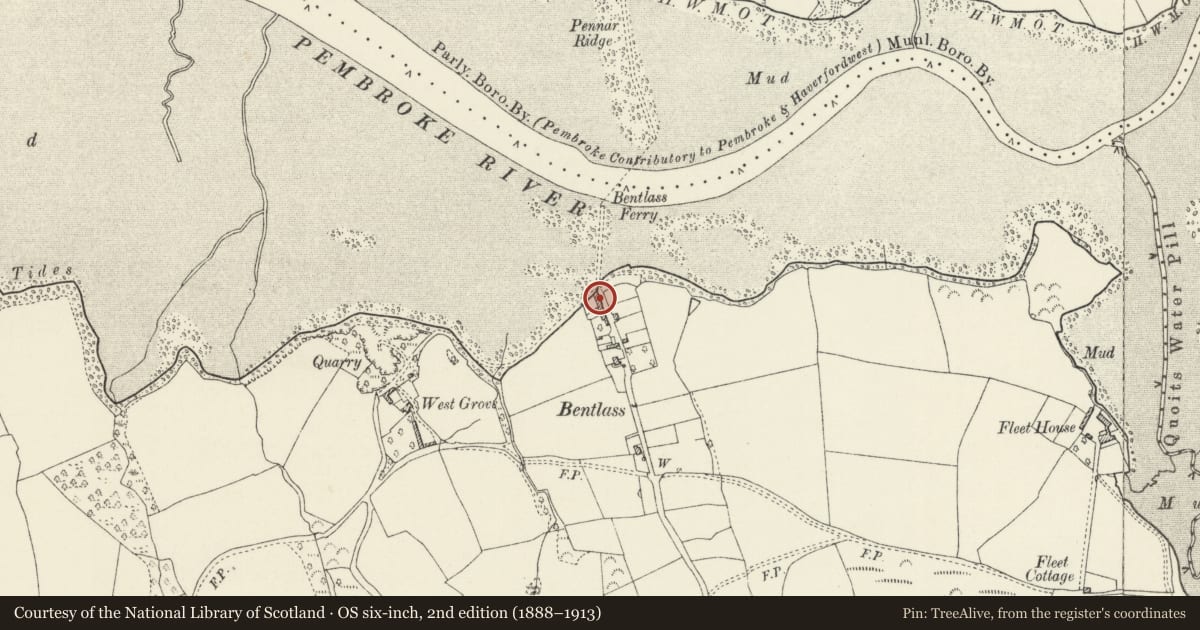 Ordnance Survey six-inch map, 2nd edition (1888–1913) covering the location of Warehouse on Bank of Pembroke River Estuary, Hundleton, Pembrokeshire, with a pin at the register's coordinates