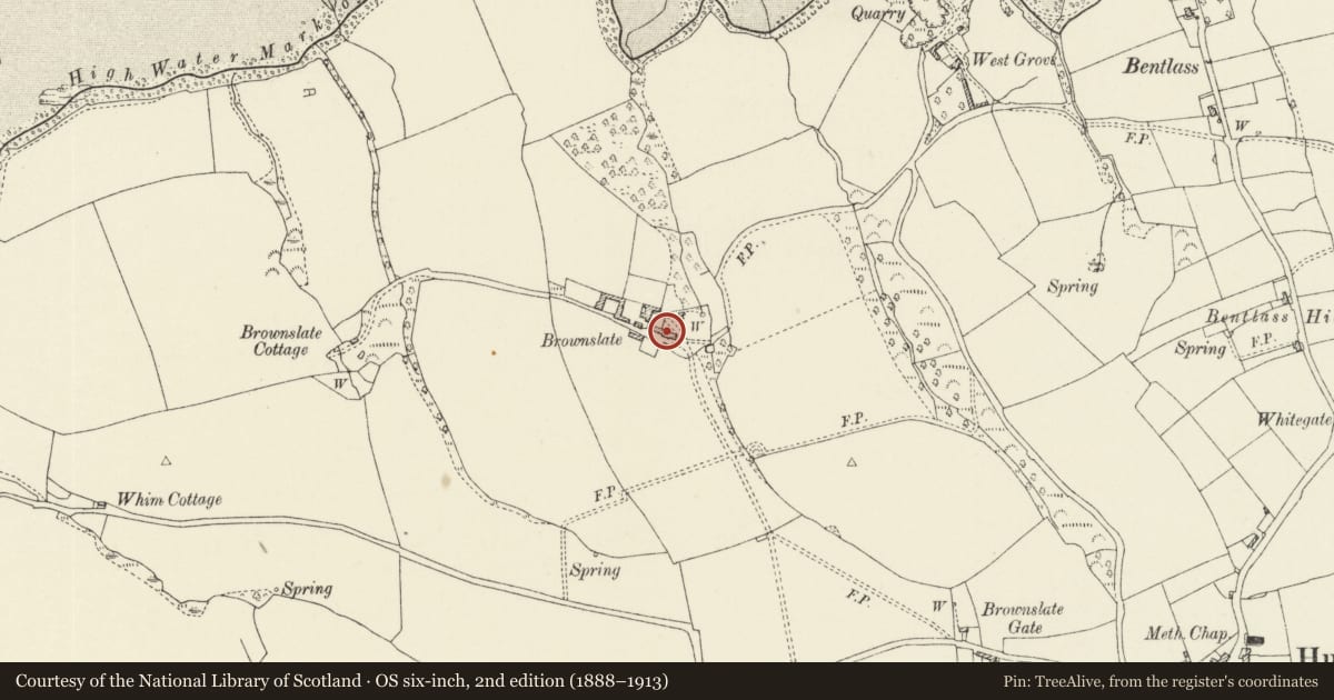 Ordnance Survey six-inch map, 2nd edition (1888–1913) covering the location of Range of outbuildings on S side of entry court at Brownslate Farm, Hundleton, Pembrokeshire, with a pin at the register's coordinates
