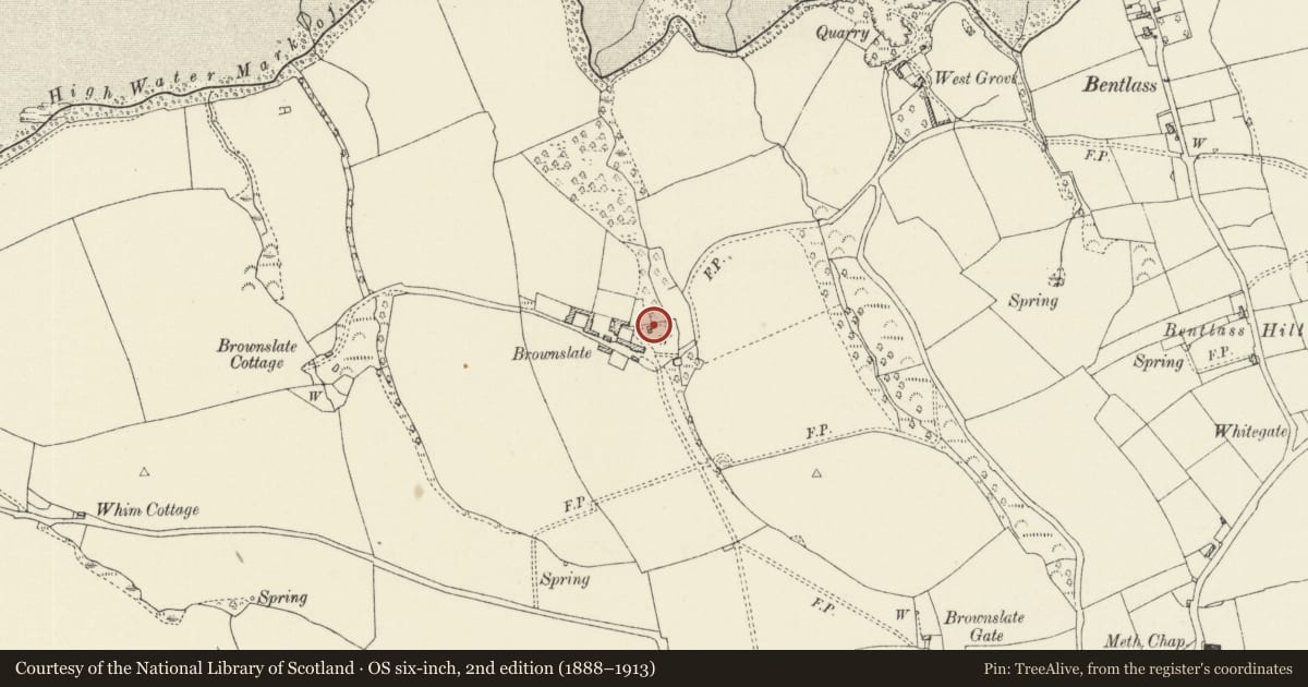 Ordnance Survey six-inch map, 2nd edition (1888–1913) covering the location of Outbuilding at NE Corner of Front Yard at Brwonslate Farm, Hundleton, Pembrokeshire, with a pin at the register's coordinates