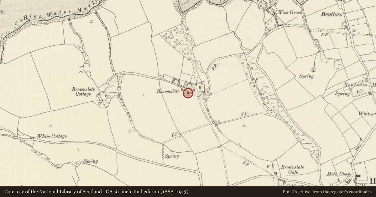 Ordnance Survey six-inch map, 2nd edition (1888–1913) covering the location of Cartshed to S of Brownslate Farm, Hundleton, Pembrokeshire, with a pin at the register's coordinates
