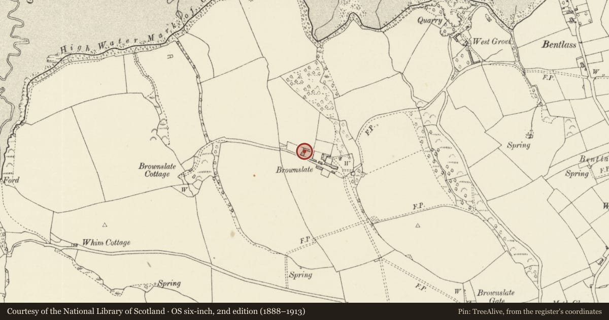 Ordnance Survey six-inch map, 2nd edition (1888–1913) covering the location of Barn to W of Brownslate Farmhouse, Hundleton, Pembrokeshire, with a pin at the register's coordinates