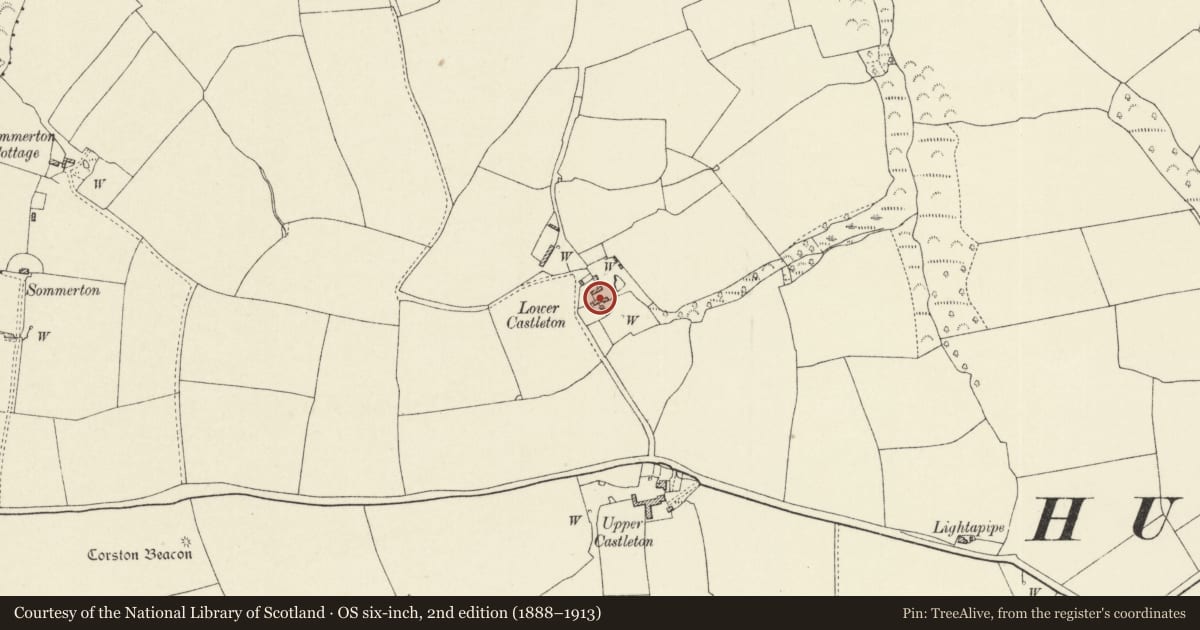 Ordnance Survey six-inch map, 2nd edition (1888–1913) covering the location of Lower Castleton Farmhouse, Hundleton, Pembrokeshire, with a pin at the register's coordinates