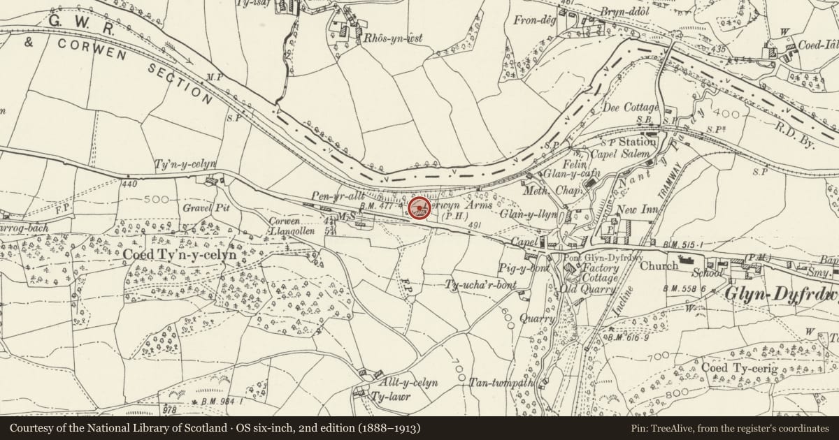 Ordnance Survey six-inch map, 2nd edition (1888–1913) covering the location of Berwyn Arms Hotel, Corwen, Denbighshire, with a pin at the register's coordinates