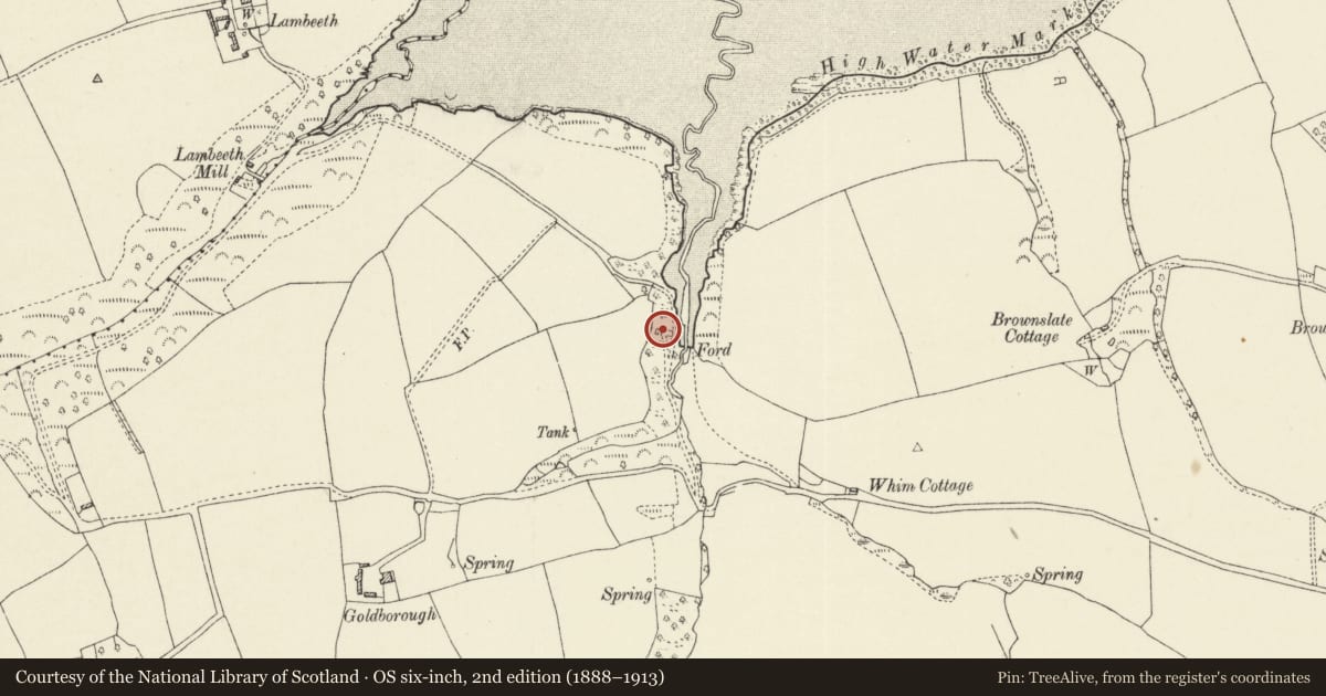 Ordnance Survey six-inch map, 2nd edition (1888–1913) covering the location of Limekiln Close to S end of Goldborough Pill, Hundleton, Pembrokeshire, with a pin at the register's coordinates