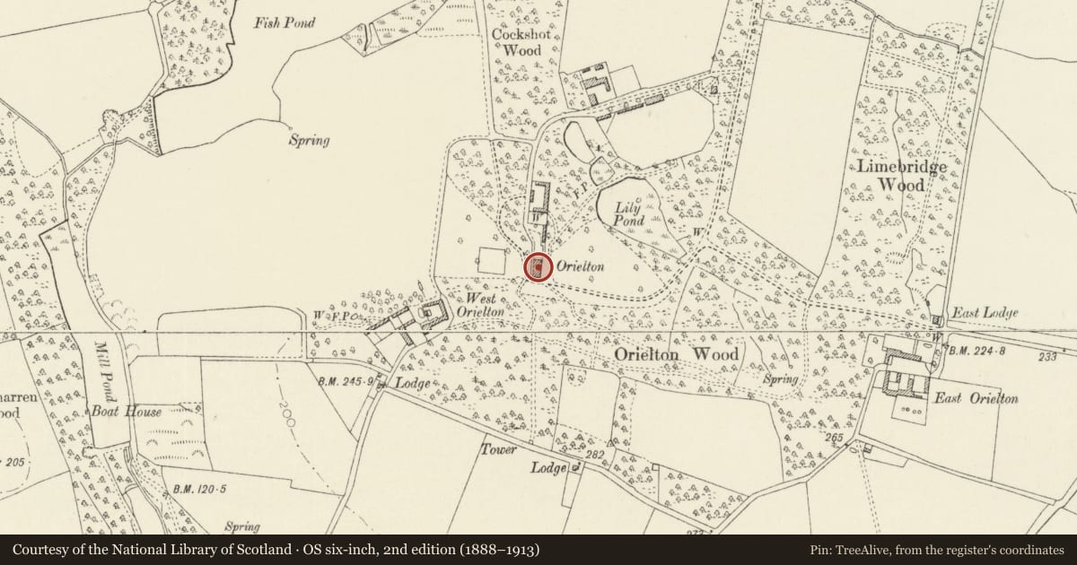 Ordnance Survey six-inch map, 2nd edition (1888–1913) covering the location of Orielton Field Centre, Hundleton, Pembrokeshire, with a pin at the register's coordinates