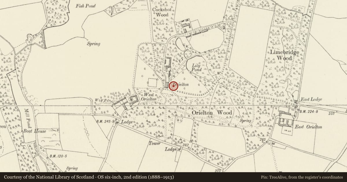 Ordnance Survey six-inch map, 2nd edition (1888–1913) covering the location of Sundial in front garden to E of Orielton Field Centre, Hundleton, Pembrokeshire, with a pin at the register's coordinates