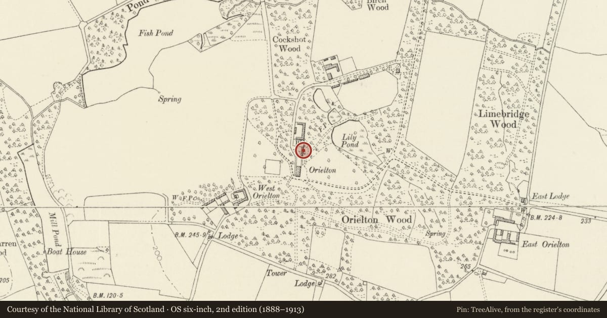 Ordnance Survey six-inch map, 2nd edition (1888–1913) covering the location of Laundry Cottage to N of Orielton Field Centre, Hundleton, Pembrokeshire, with a pin at the register's coordinates