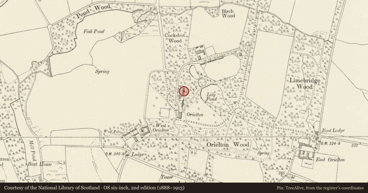Ordnance Survey six-inch map, 2nd edition (1888–1913) covering the location of Orielton Field Centre, Hundleton, Pembrokeshire, with a pin at the register's coordinates