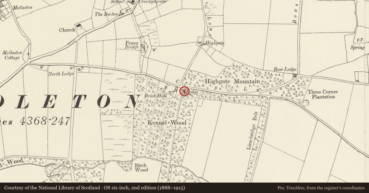 Ordnance Survey six-inch map, 2nd edition (1888–1913) covering the location of North Lodge, Hundleton, Pembrokeshire, with a pin at the register's coordinates