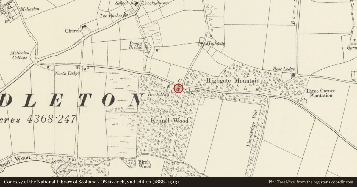 Ordnance Survey six-inch map, 2nd edition (1888–1913) covering the location of Brick Hall, Hundleton, Pembrokeshire, with a pin at the register's coordinates