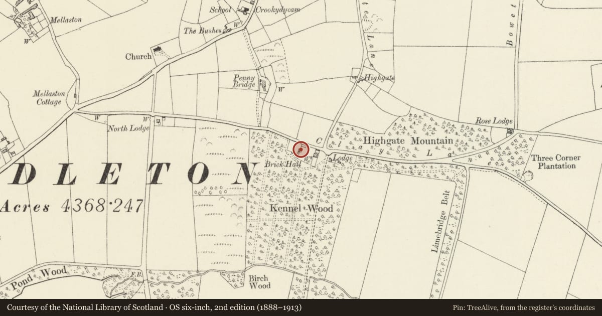 Ordnance Survey six-inch map, 2nd edition (1888–1913) covering the location of Walls of Two Walled Gardens including Dog Kennels at Brick Hall, Hundleton, Pembrokeshire, with a pin at the register's coordinates