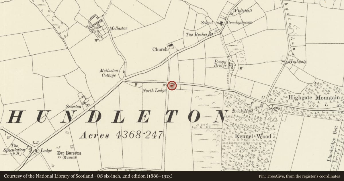 Ordnance Survey six-inch map, 2nd edition (1888–1913) covering the location of West Lodge, Hundleton, Pembrokeshire, with a pin at the register's coordinates