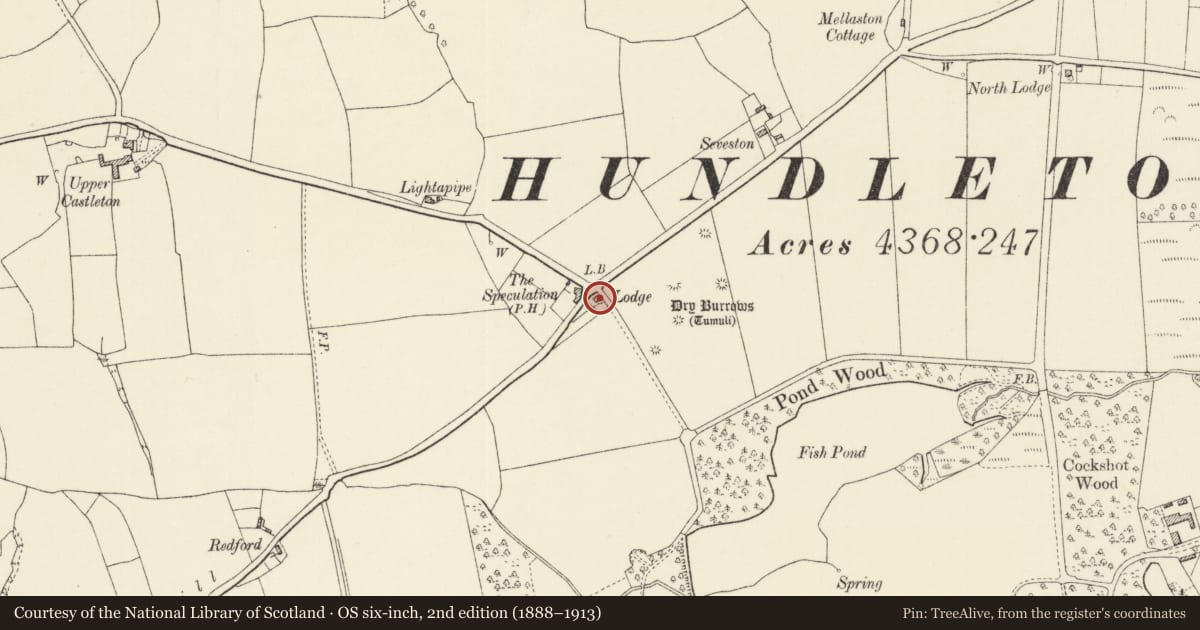 Ordnance Survey six-inch map, 2nd edition (1888–1913) covering the location of Images Lodge and adjoining Gatepiers to former Driveway to Orielton, Hundleton, Pembrokeshire, with a pin at the register's coordinates