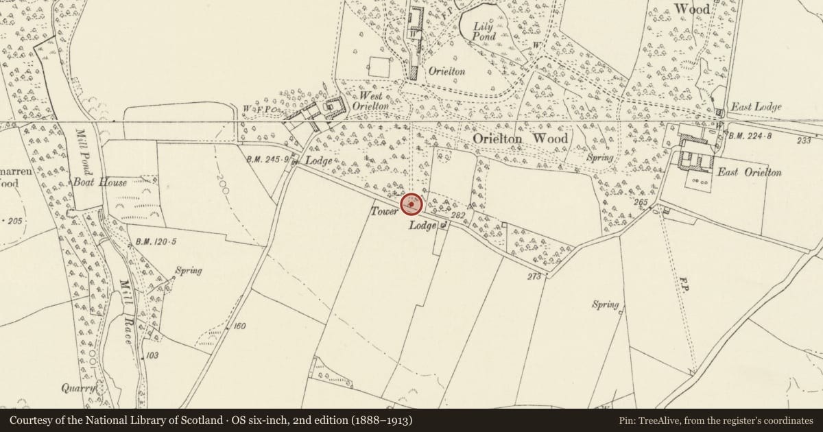 Ordnance Survey six-inch map, 2nd edition (1888–1913) covering the location of Former Banqueting Tower, about 300m SE of Orielton Field Centre, Hundleton, Pembrokeshire, with a pin at the register's coordinates