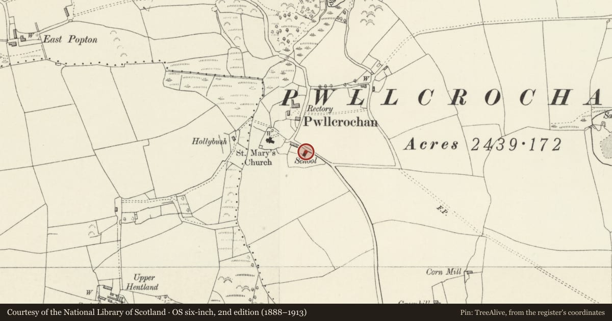 Ordnance Survey six-inch map, 2nd edition (1888–1913) covering the location of Former National School Building, Angle, Pembrokeshire, with a pin at the register's coordinates