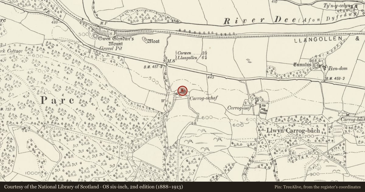 Ordnance Survey six-inch map, 2nd edition (1888–1913) covering the location of Carrog Uchaf, Corwen, Denbighshire, with a pin at the register's coordinates