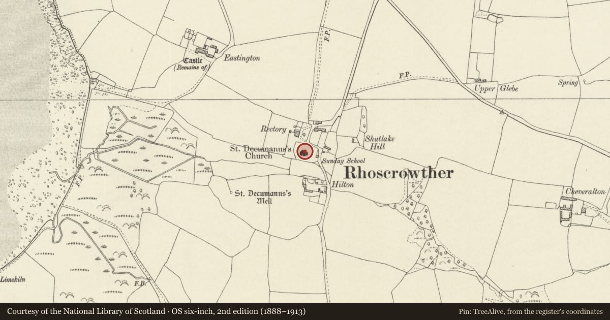 Ordnance Survey six-inch map, 2nd edition (1888–1913) covering the location of Church of St Decumanus, Angle, Pembrokeshire, with a pin at the register's coordinates