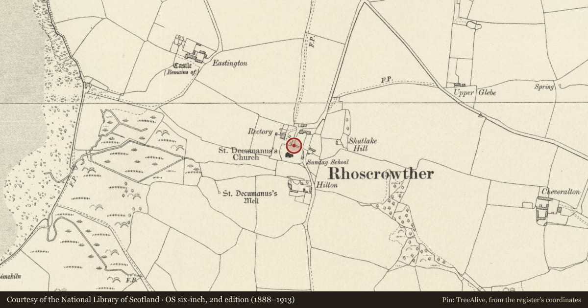 Ordnance Survey six-inch map, 2nd edition (1888–1913) covering the location of Shaft and Base of Churchyard Cross to N of Parish Church, Angle, Pembrokeshire, with a pin at the register's coordinates