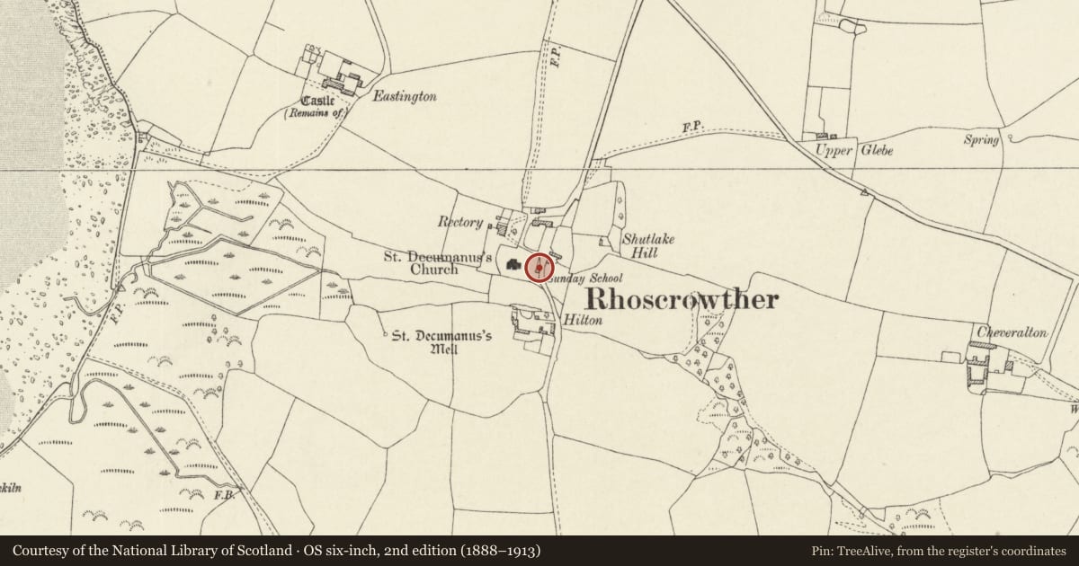 Ordnance Survey six-inch map, 2nd edition (1888–1913) covering the location of Church Hall, Angle, Pembrokeshire, with a pin at the register's coordinates