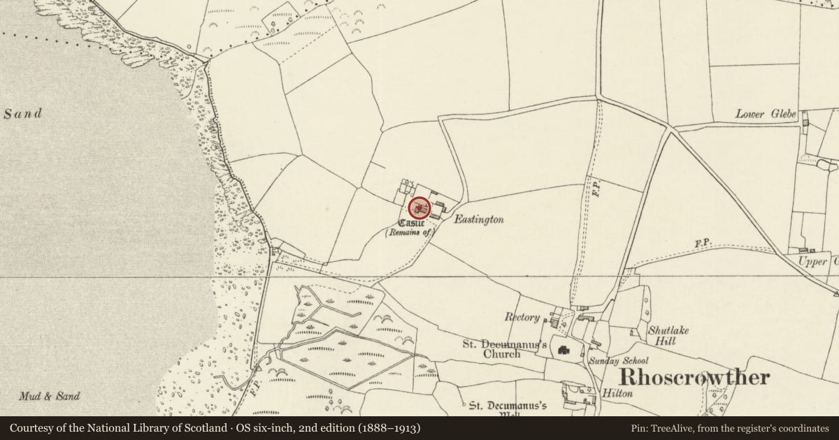 Ordnance Survey six-inch map, 2nd edition (1888–1913) covering the location of The Tower at Eastington Manor House, Angle, Pembrokeshire, with a pin at the register's coordinates