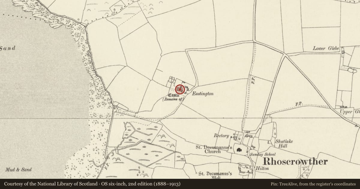 Ordnance Survey six-inch map, 2nd edition (1888–1913) covering the location of Eastington Farmhouse including range of outbuilding to SE, Angle, Pembrokeshire, with a pin at the register's coordinates
