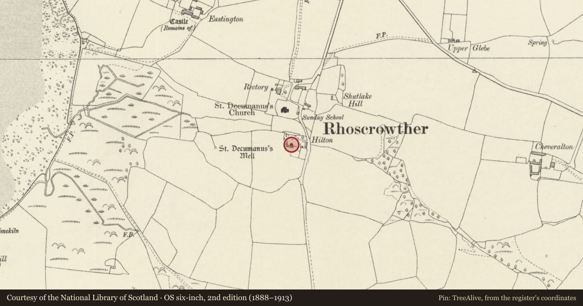 Ordnance Survey six-inch map, 2nd edition (1888–1913) covering the location of Range of Outbuildings at Hilton Farm, Angle, Pembrokeshire, with a pin at the register's coordinates